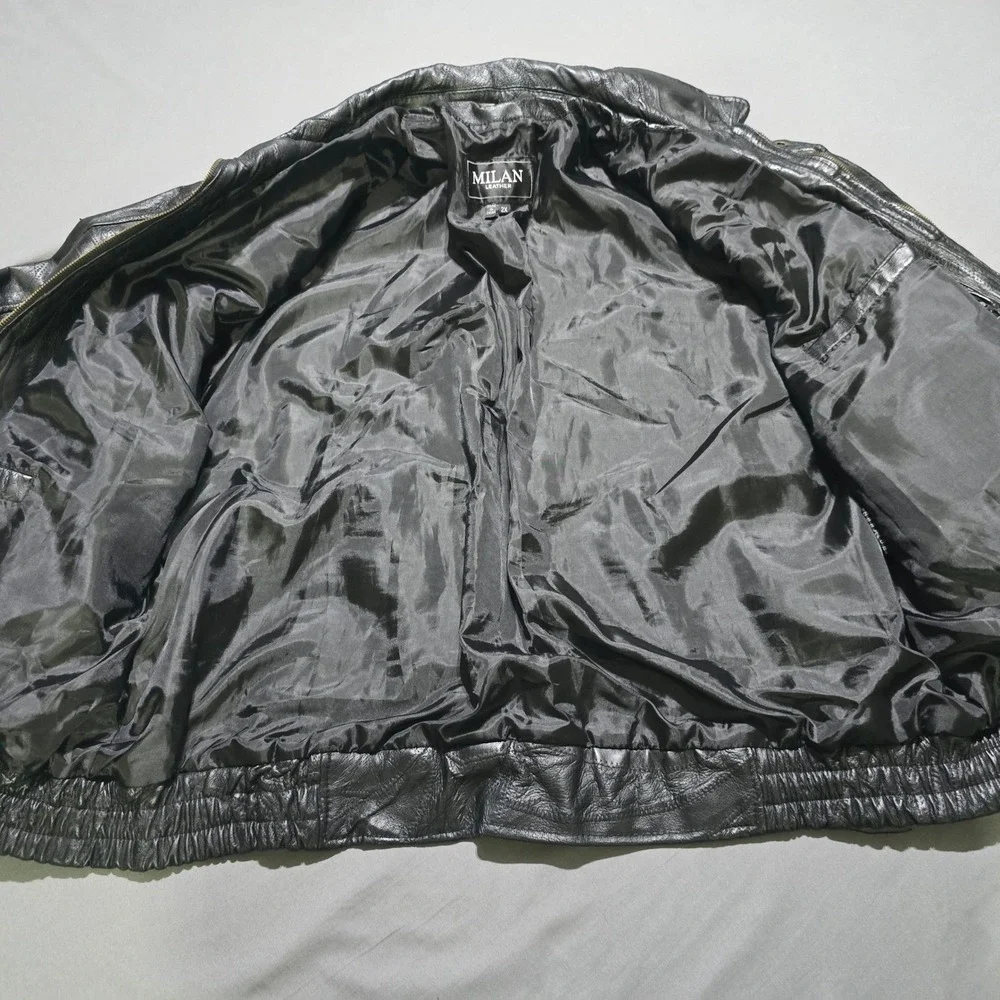 Milan Leather Bomber Jacket Mens 2X Black Patchwork Genuine Leather Moto Coat